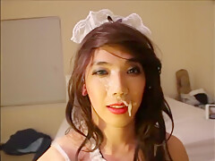 CD sissy self facial cums on her own face and swallows